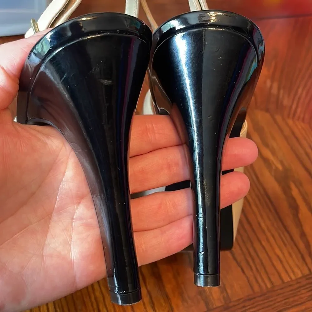 Nine West ivory leather black patent and gold accent slingback platform heels